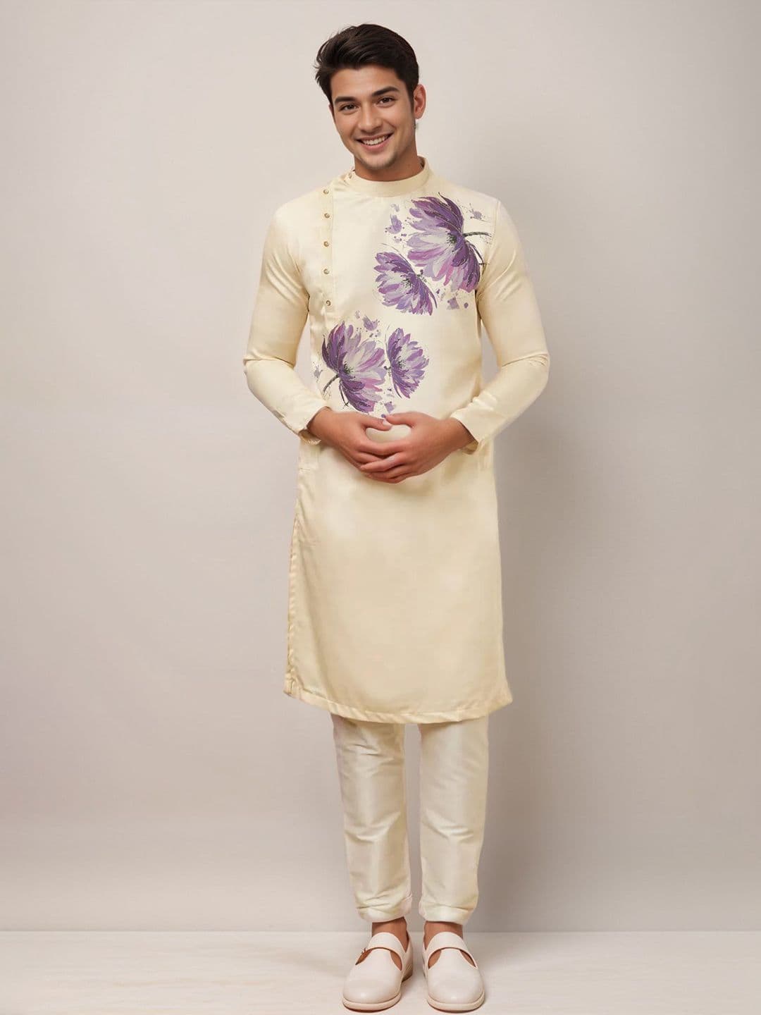 PulseIQ Men Floral Printed Mandarin Collar Regular Thread Work Cotton Straight Kurta thumbnail 4