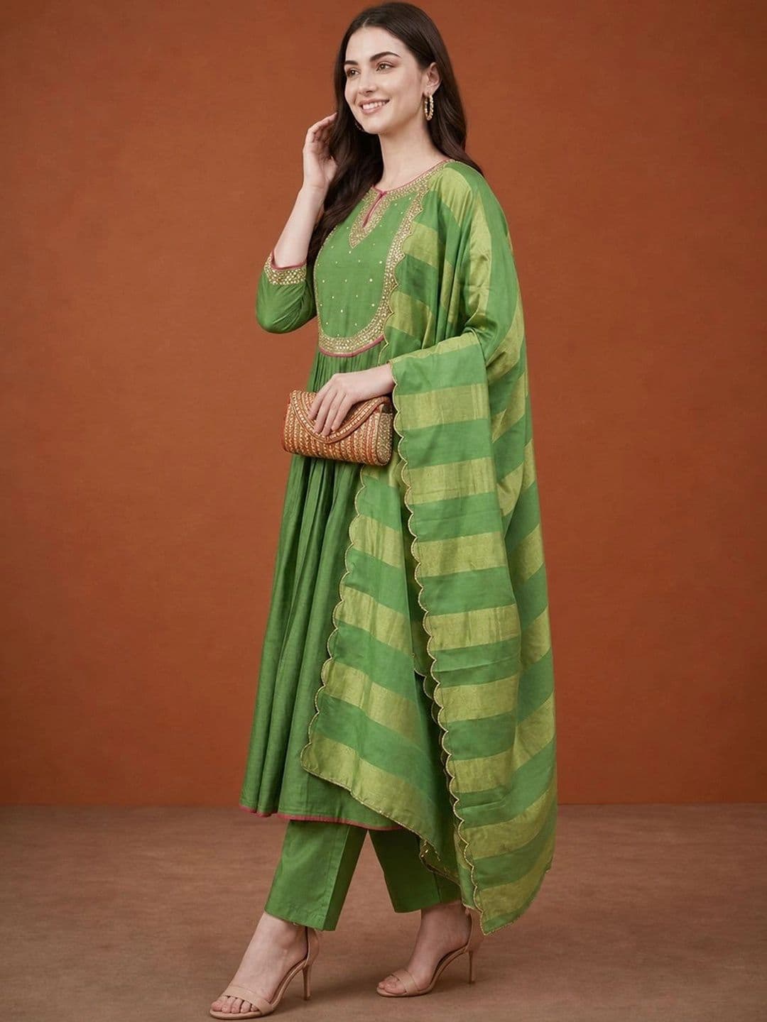 Sangria Women Empire Sequinned Chanderi Silk Kurta with Trousers & With Dupatta thumbnail 3