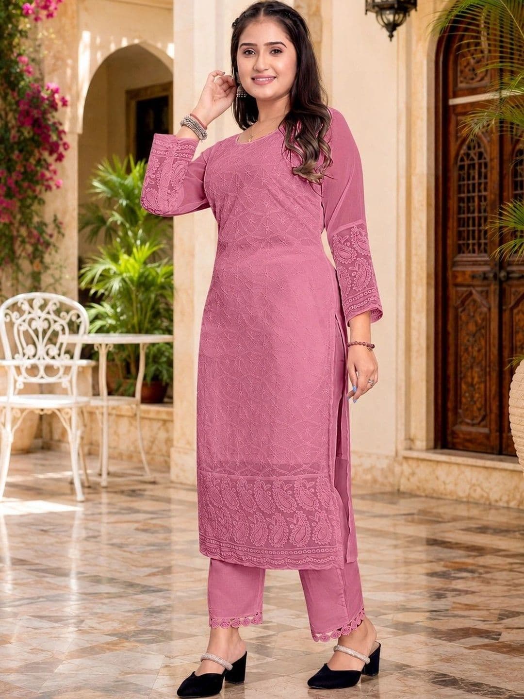 KAYRAAH Ethnic Motifs Embroidered Chikankari Pure Georgette Chikankari Kurti thumbnail 2