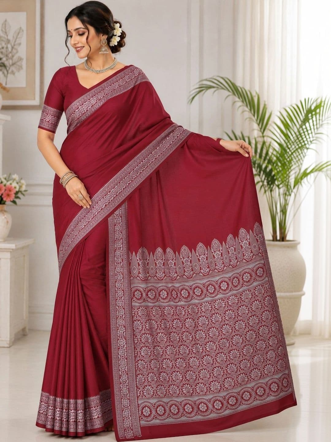 Prisan Women Maroon Woven Banarasi Soft Silk Saree with Unstitched Blouse thumbnail 4