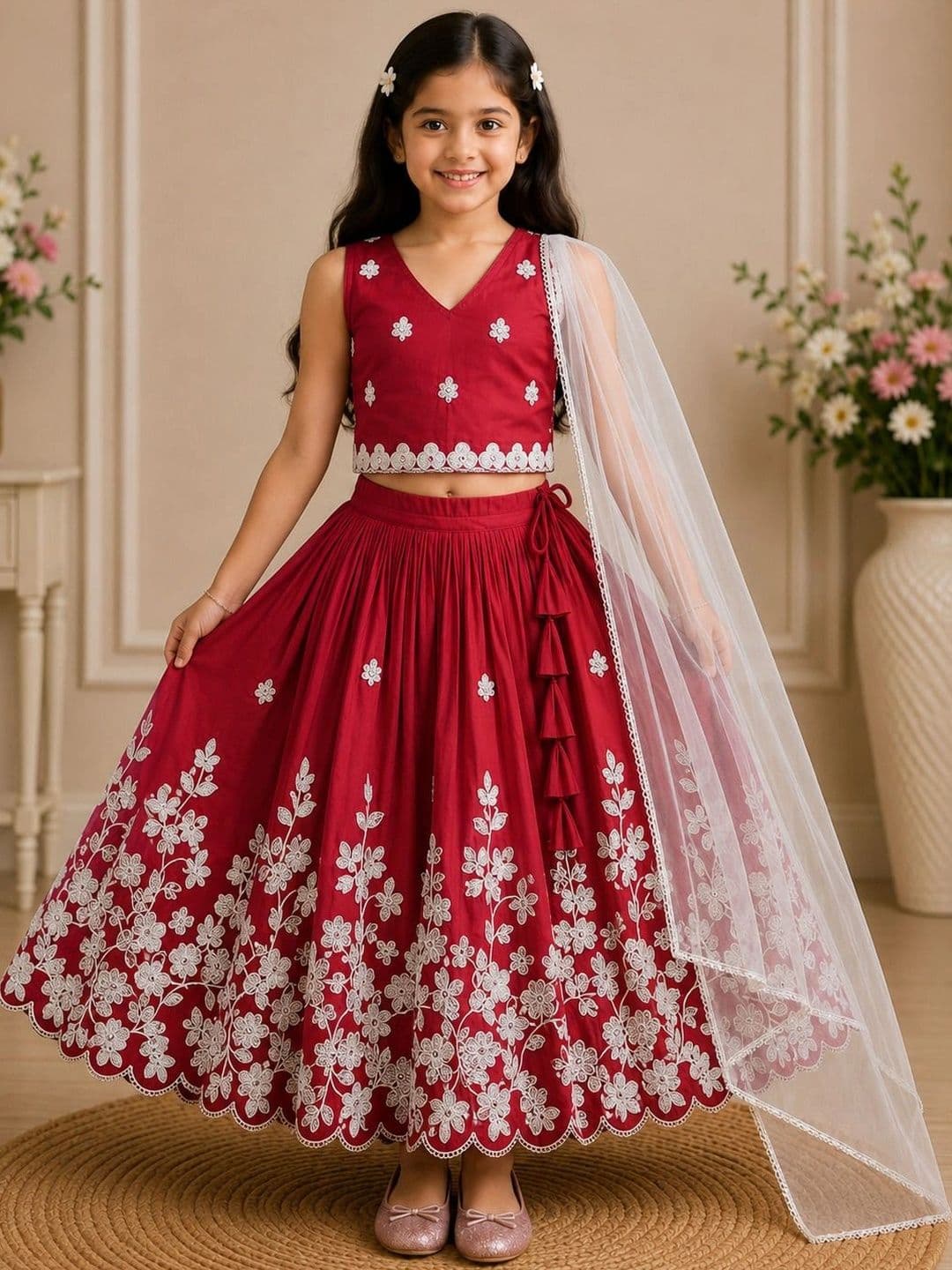 KALINI Girls Embroidered Thread Work Ready to Wear Lehenga & Blouse With Dupatta - view 1