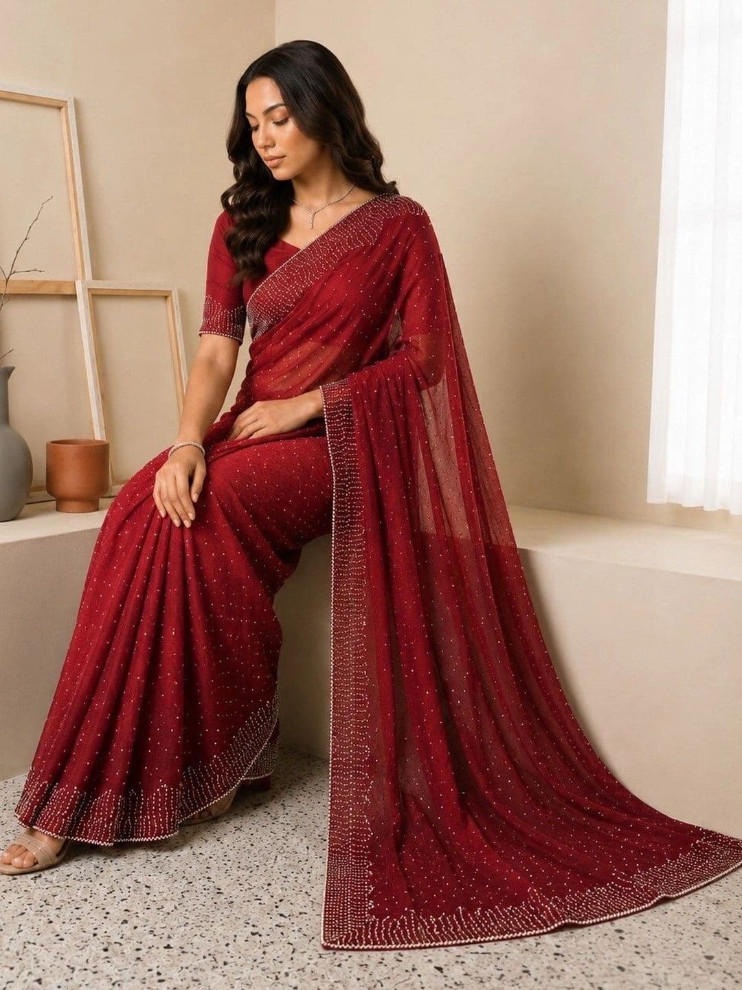 shreevali creation Embellished Beads and Stones Pure Chiffon Saree thumbnail 2