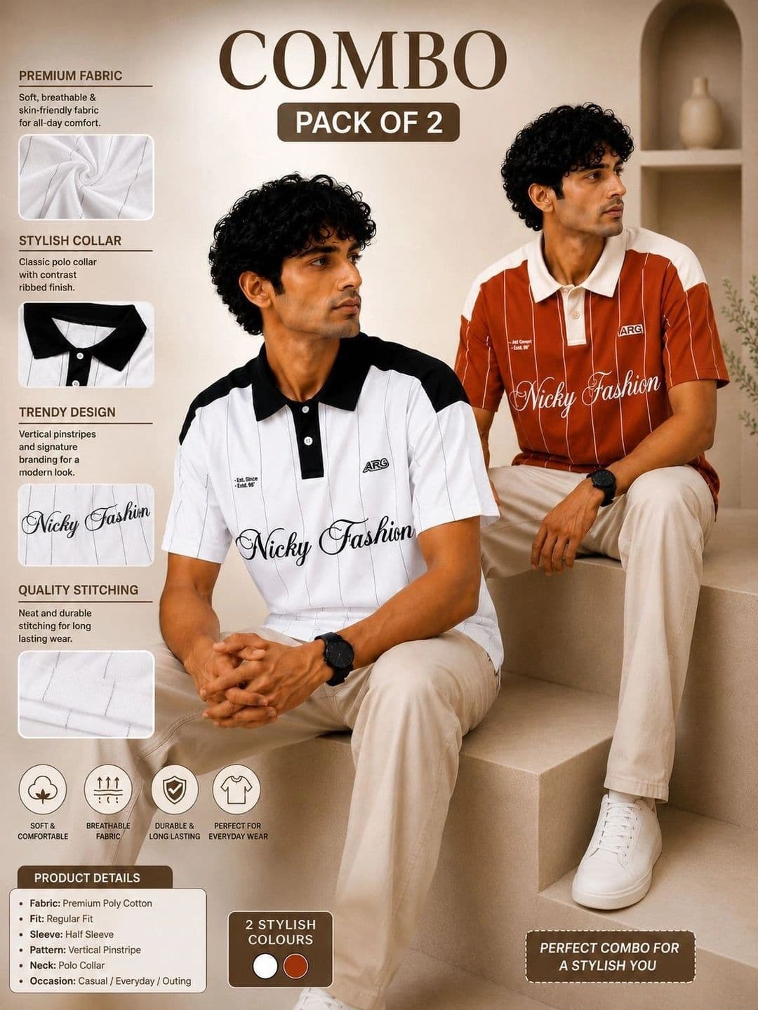 NB Nicky Boy Men 2 Striped Polo Collar T-shirt thumbnail 4