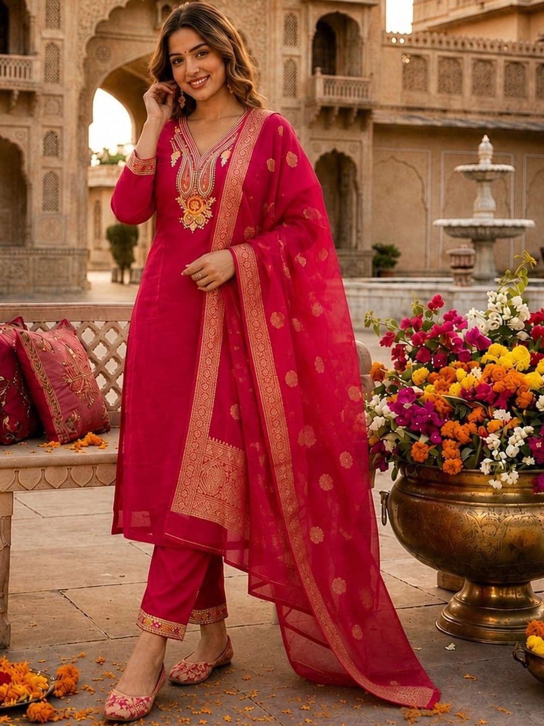 Apolyte Women Ethnic Motifs Embroidered Regular Pure Silk Kurta with Trousers & With Dupatta thumbnail 3