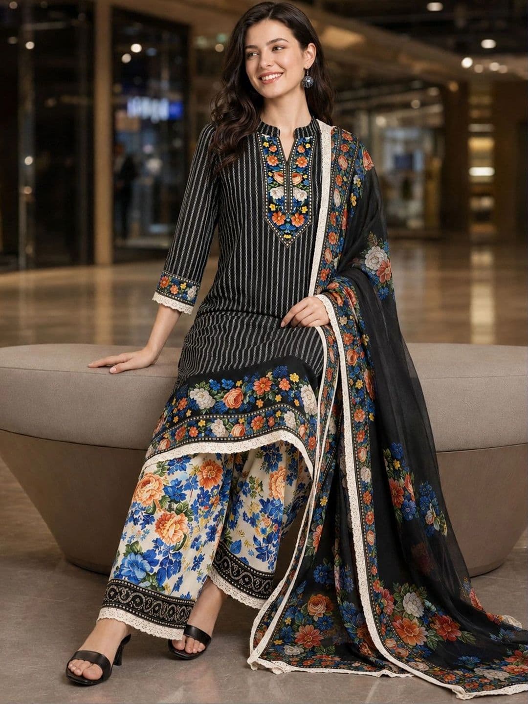 Anouk Women Floral Striped Regular Thread Work Pure Cotton Kurta with Palazzos & With Dupatta - view 1