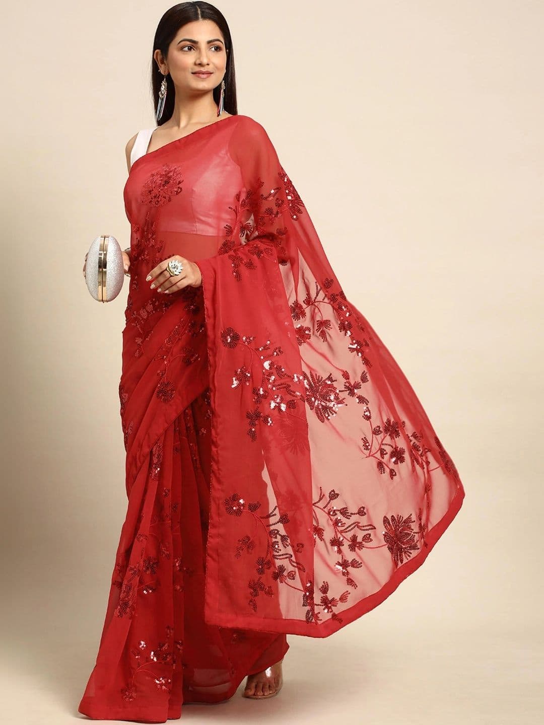 FashionsEye Embellished Sequinned Poly Georgette Designer Saree - view 1