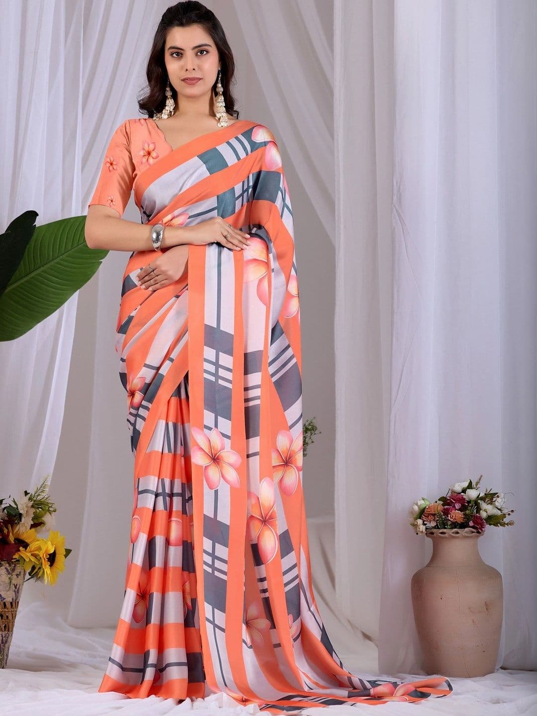 LeeliPeeri Designer Floral Satin Fusion Saree - view 1