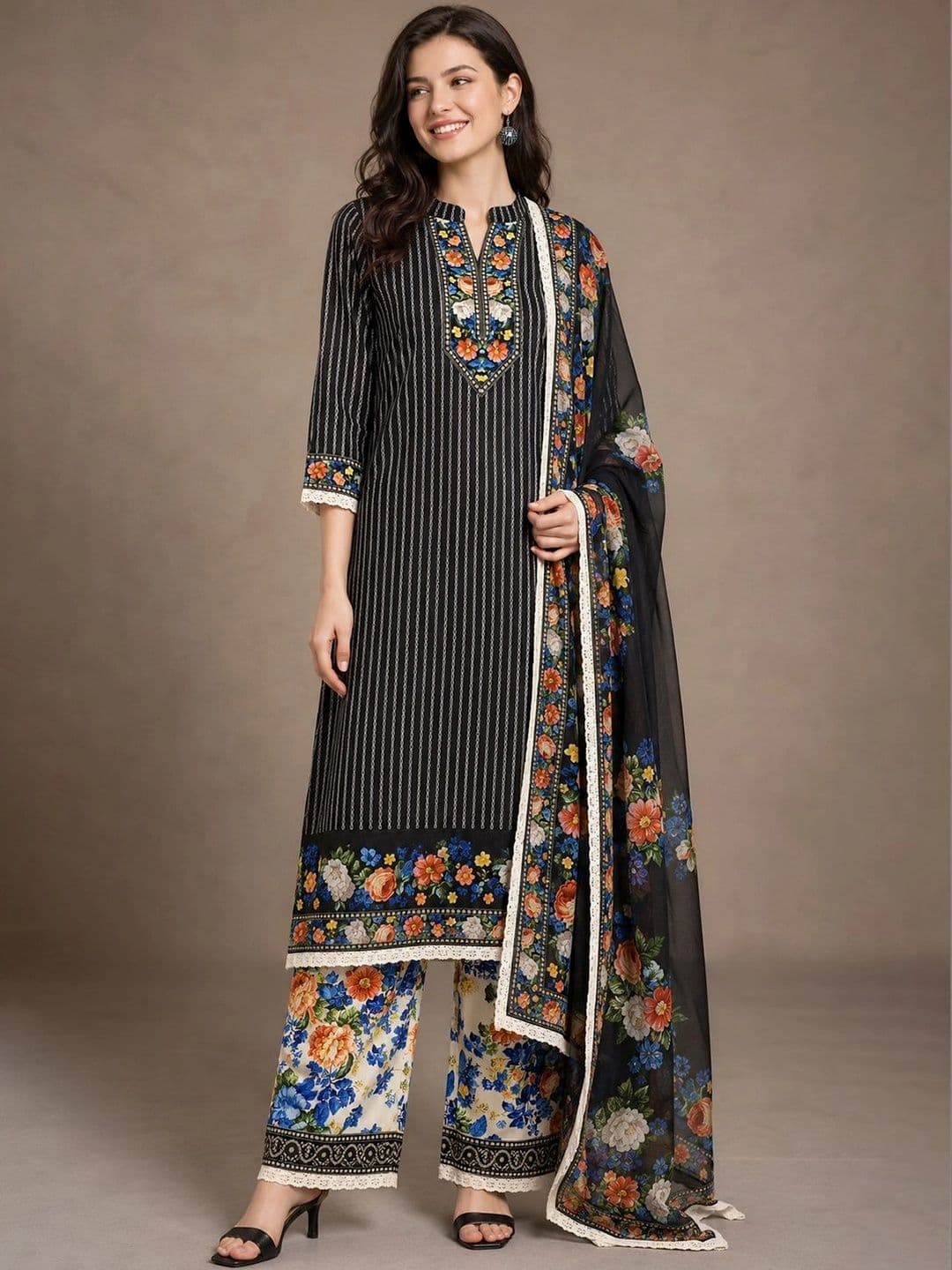 Anouk Women Floral Striped Regular Thread Work Pure Cotton Kurta with Palazzos & With Dupatta thumbnail 3