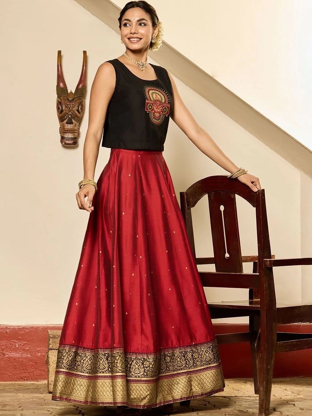 Maybell Women's Silk Blend Embroidered Round Neck Onam Theme Top with Skirt Set thumbnail 7