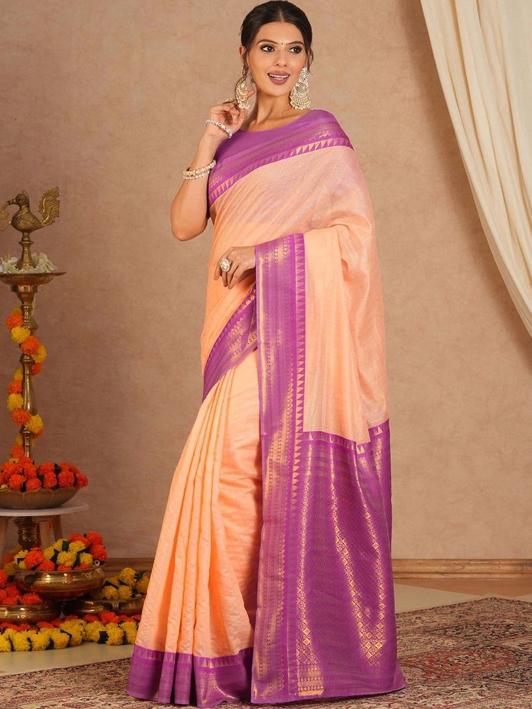 ZELLURE Striped Zari Art Silk Kanjeevaram Saree thumbnail 6