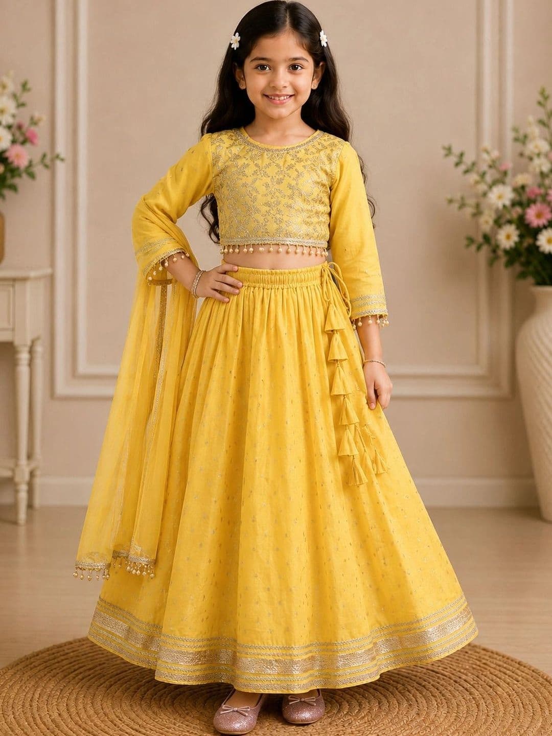 KALINI Girls Embellished Mirror Work Ready to Wear Lehenga & Blouse With Dupatta - view 1