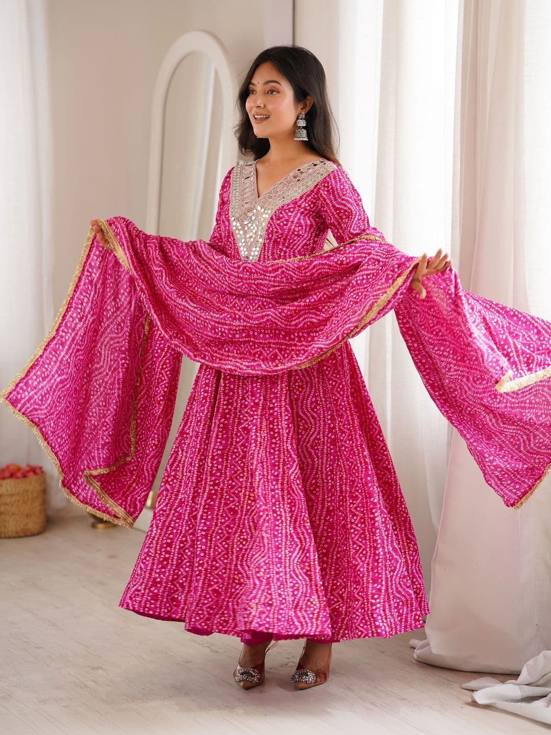 WEWER Women Leheriya Printed Empire Mirror Work Kurta with Trousers & With Dupatta thumbnail 6