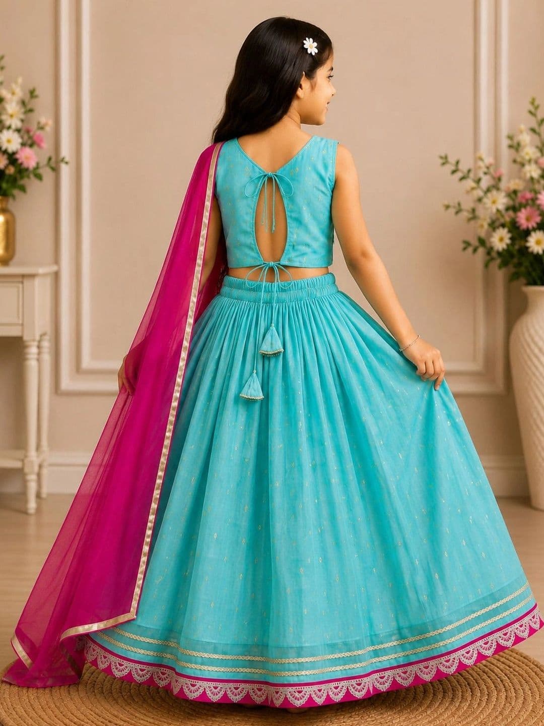 KALINI Girls Embroidered Thread Work Ready to Wear Lehenga & Blouse With Dupatta thumbnail 6