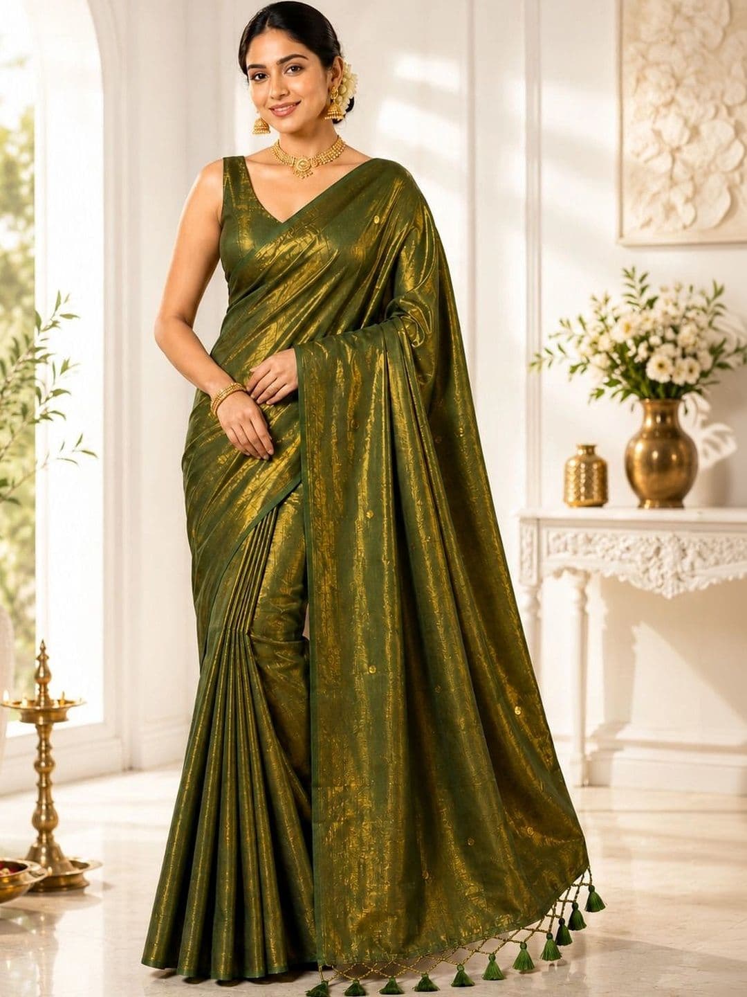 aeriebier Woven Design Zari Tissue Chanderi Saree thumbnail 4
