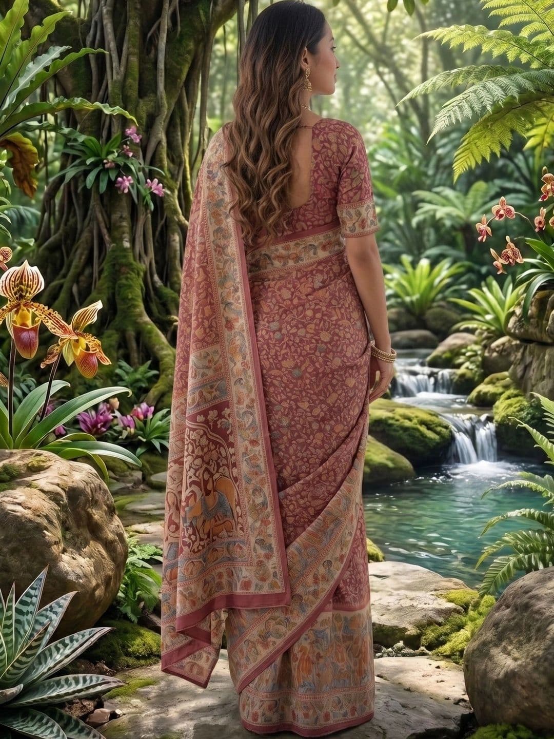 RUTVA FASHION Kalamkari Zari Pure Linen Saree thumbnail 3