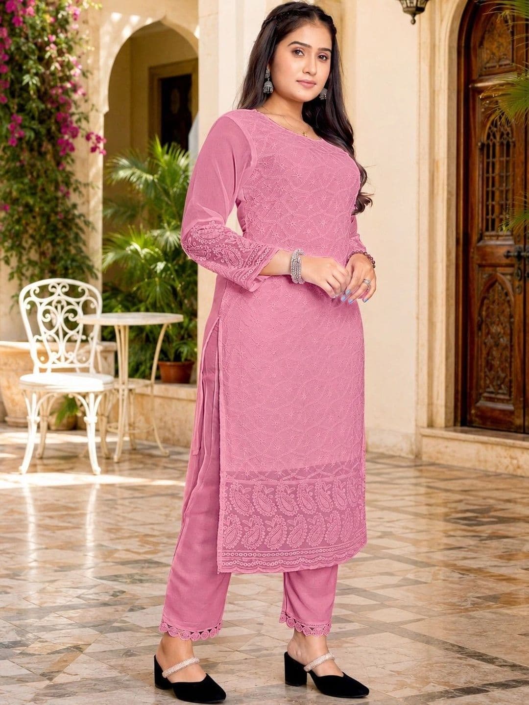 C H CREATION Ethnic Motifs Embroidered Chikankari Pure Georgette Chikankari Kurti thumbnail 3