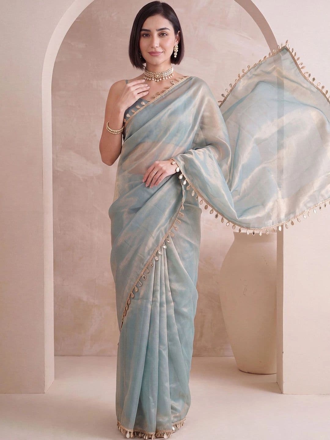 Anouk Mirror Work Satin Designer Saree thumbnail 5