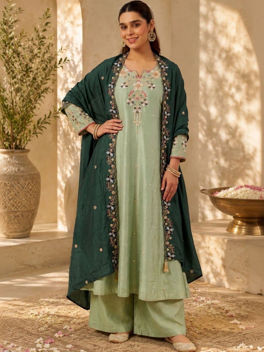 Sangria Women Ethnic Motifs Embroidered Regular Thread Work Kurta with Palazzos & Dupatta - view 1