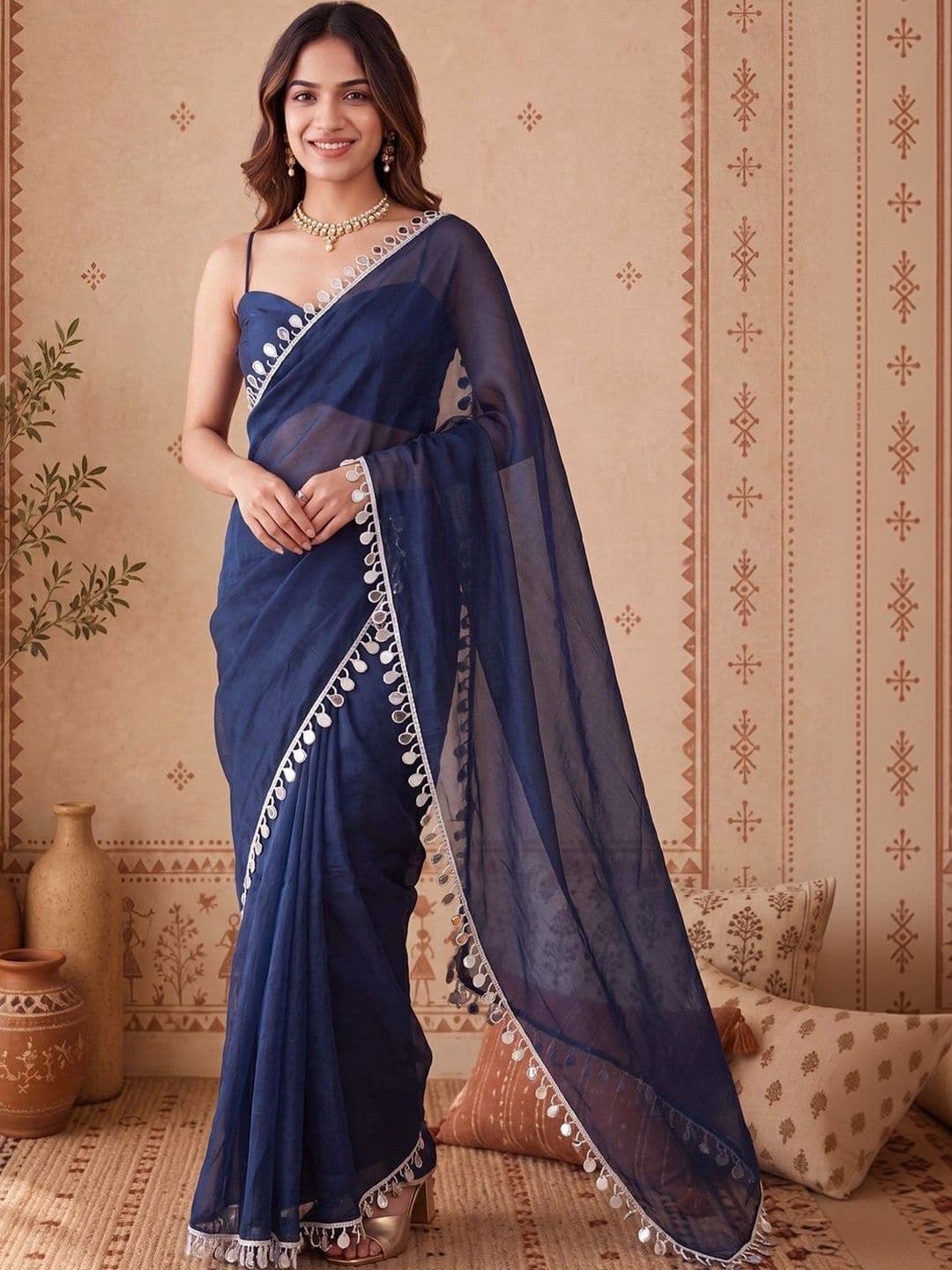 Anouk Mirror Work Satin Designer Saree - view 1