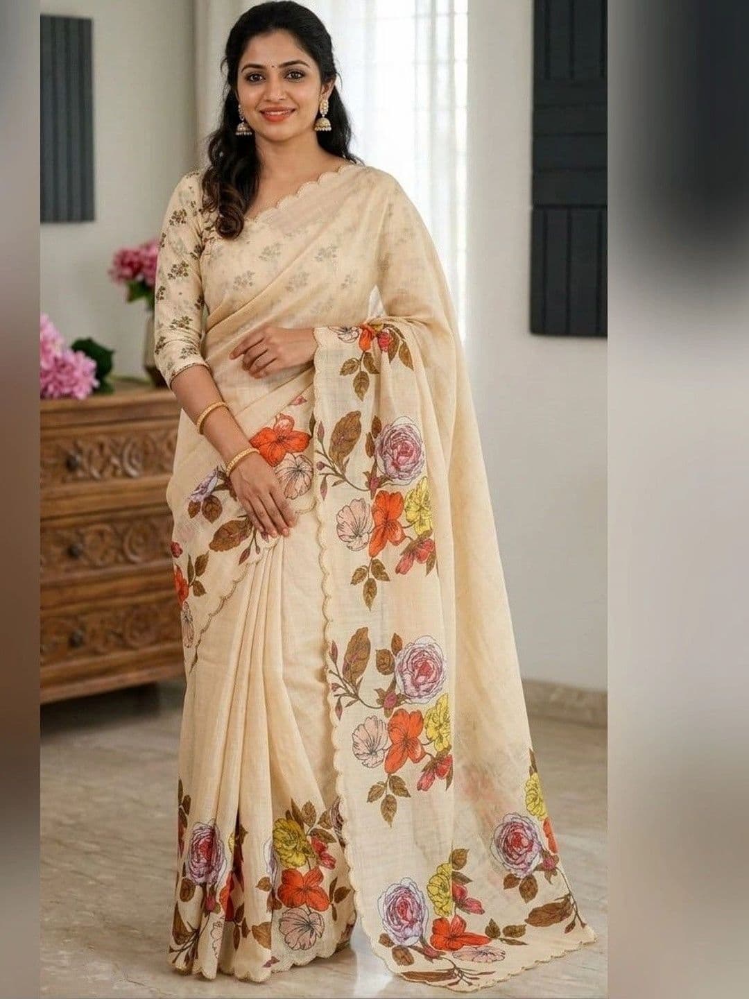 Peachmode Cream Linen Saree with Floral Print & Cut Work Border - view 1
