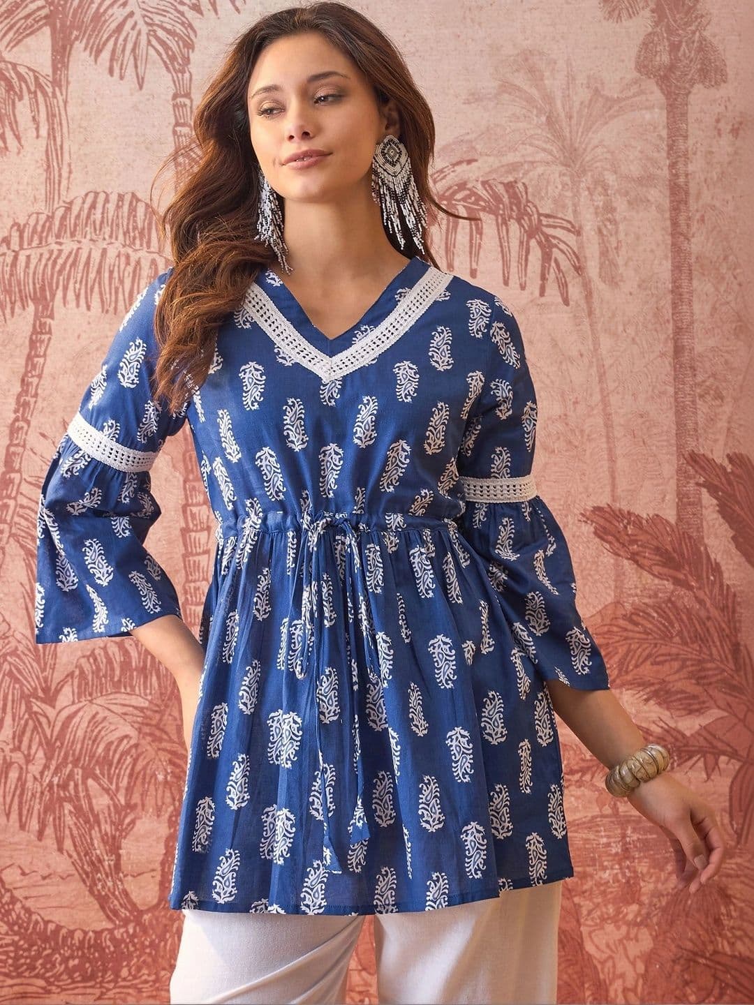 Sangria Ethnic Motifs Printed V-Neck Flared Sleeves Pure Cotton Blend Kurti thumbnail 2