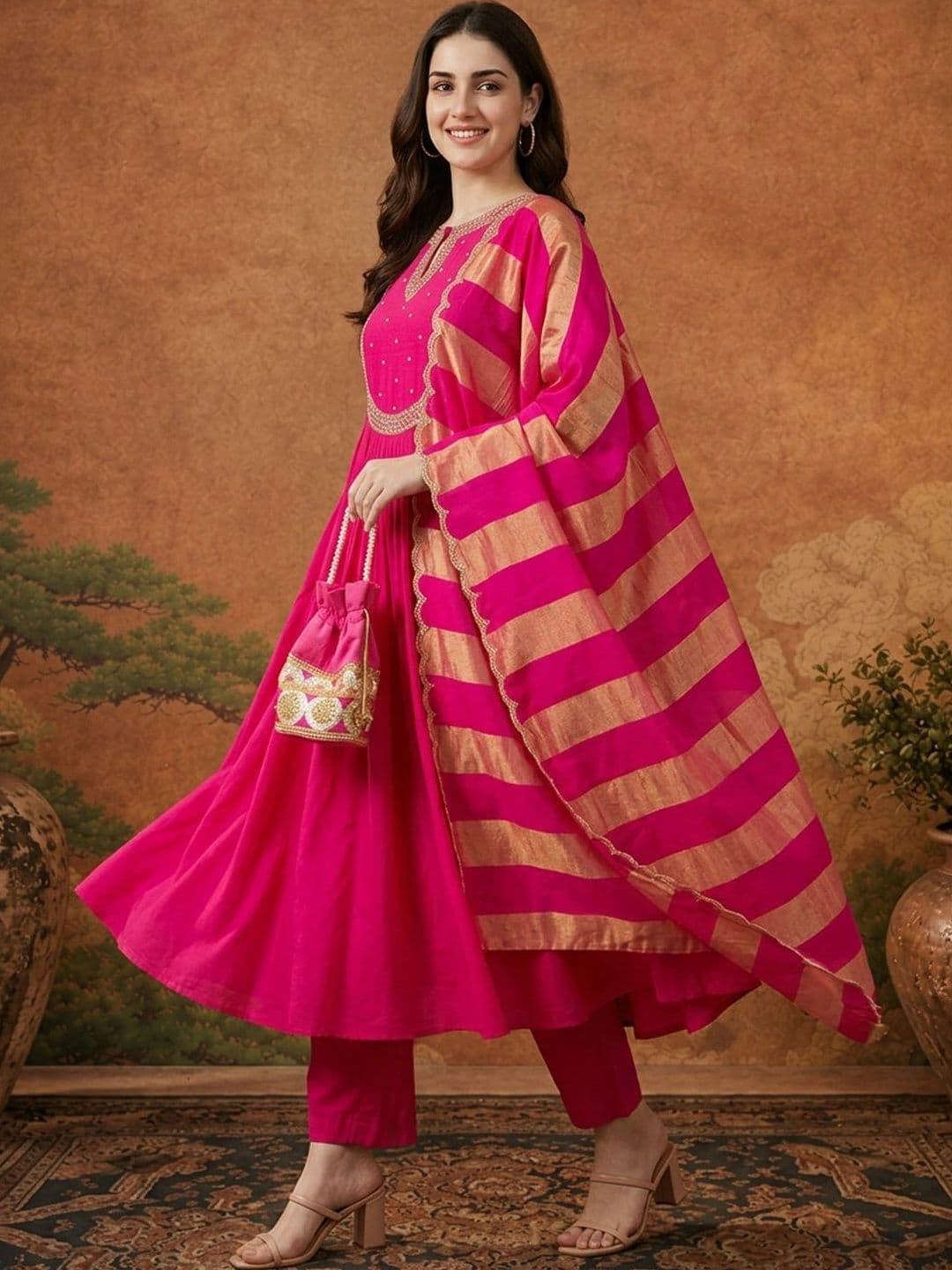 Sangria Women Embroidered Empire Sequinned Chanderi Silk Kurta with Trousers & With Dupatta thumbnail 4