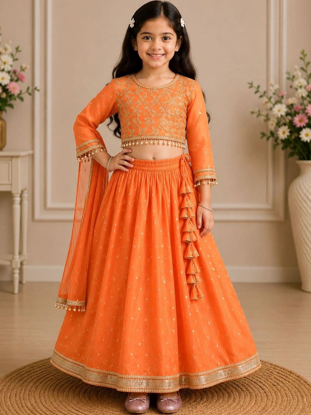 KALINI Girls Embroidered Mirror Work Ready to Wear Lehenga & Blouse With Dupatta - view 1