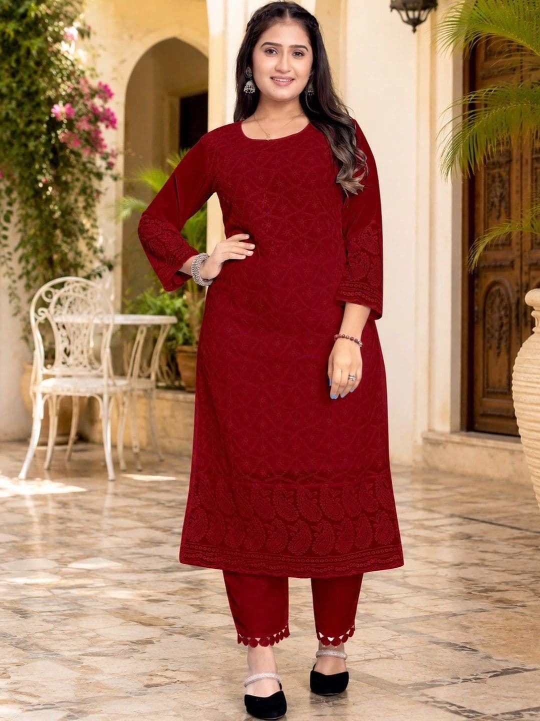 C H CREATION Ethnic Motifs Embroidered Chikankari Pure Georgette Chikankari Kurti - view 1