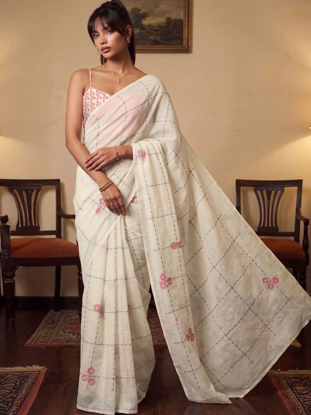 KINDA DESI Floral Embroidered Pure Linen Fusion Saree thumbnail 6