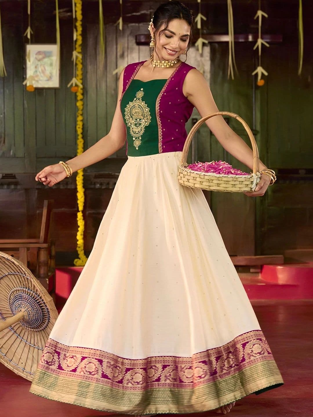 Maybell Women's Silk Blend Embroidered Square Neck Onam Theme Top with Skirt Set thumbnail 5