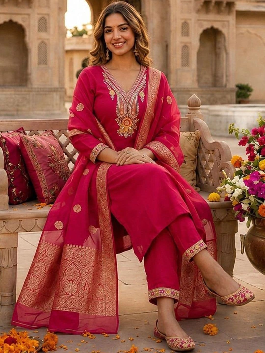 Apolyte Women Ethnic Motifs Embroidered Regular Pure Silk Kurta with Trousers & With Dupatta thumbnail 2