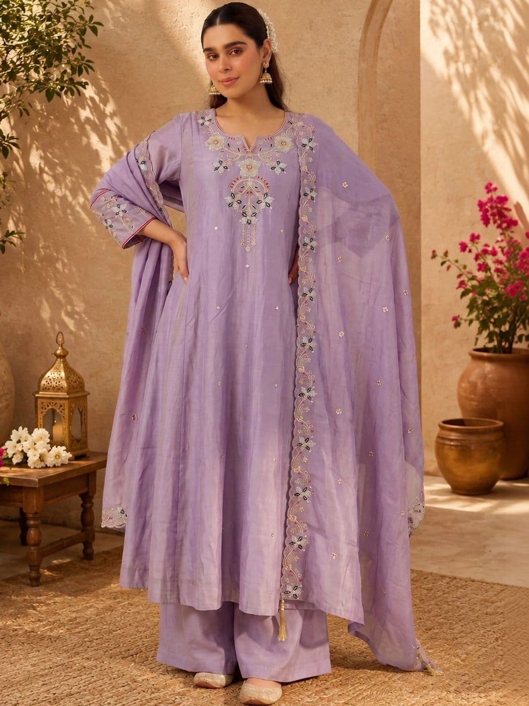 Sangria Ethnic Motifs Embroidered Regular Thread Work Kurta with Palazzos & With Dupatta thumbnail 3