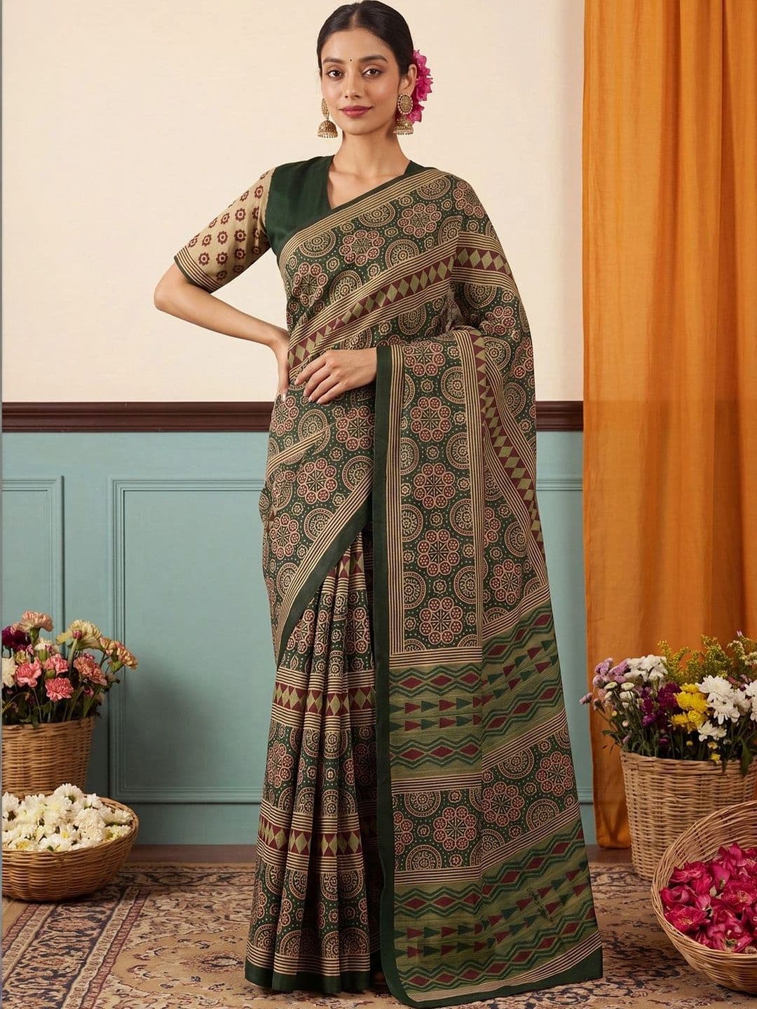 Anouk Silk Blend Designer Block Print Saree - view 1