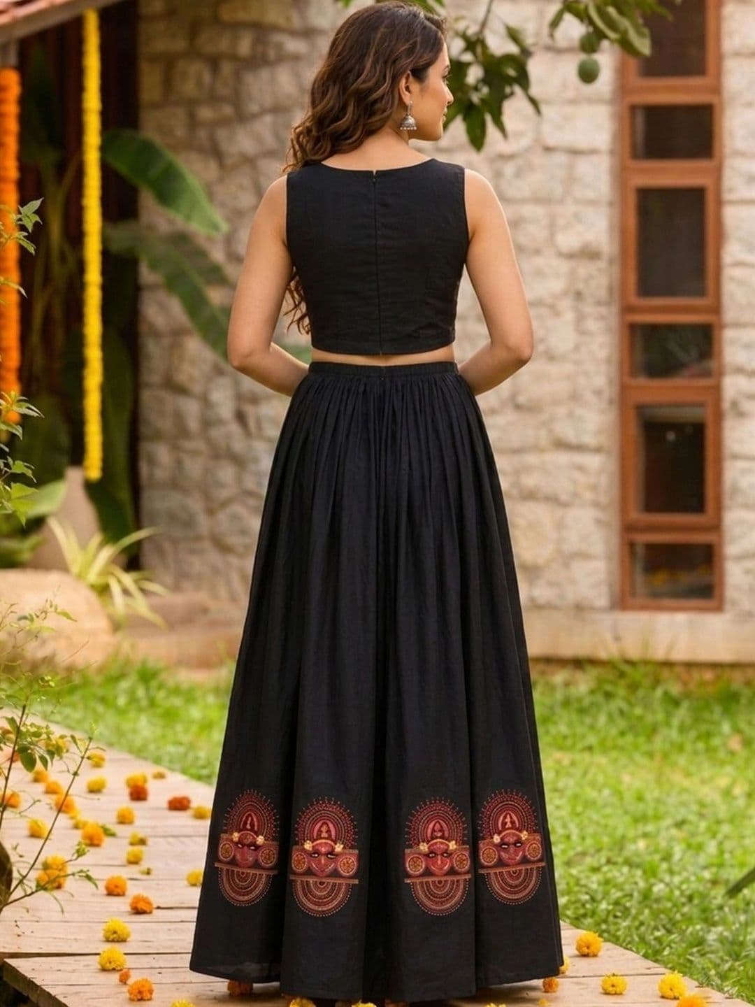 Maybell Women's Silk Blend Embroidered Halter Neck Onam Theme Top with Skirt Set & Dupatta thumbnail 2