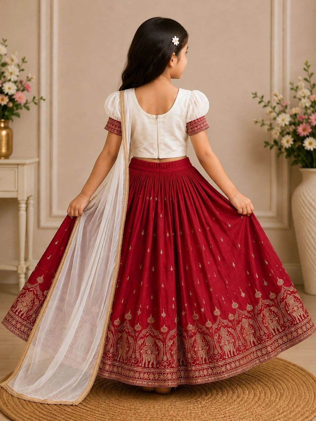 KALINI Girls Embroidered Thread Work Ready to Wear Lehenga & Blouse With Dupatta thumbnail 3