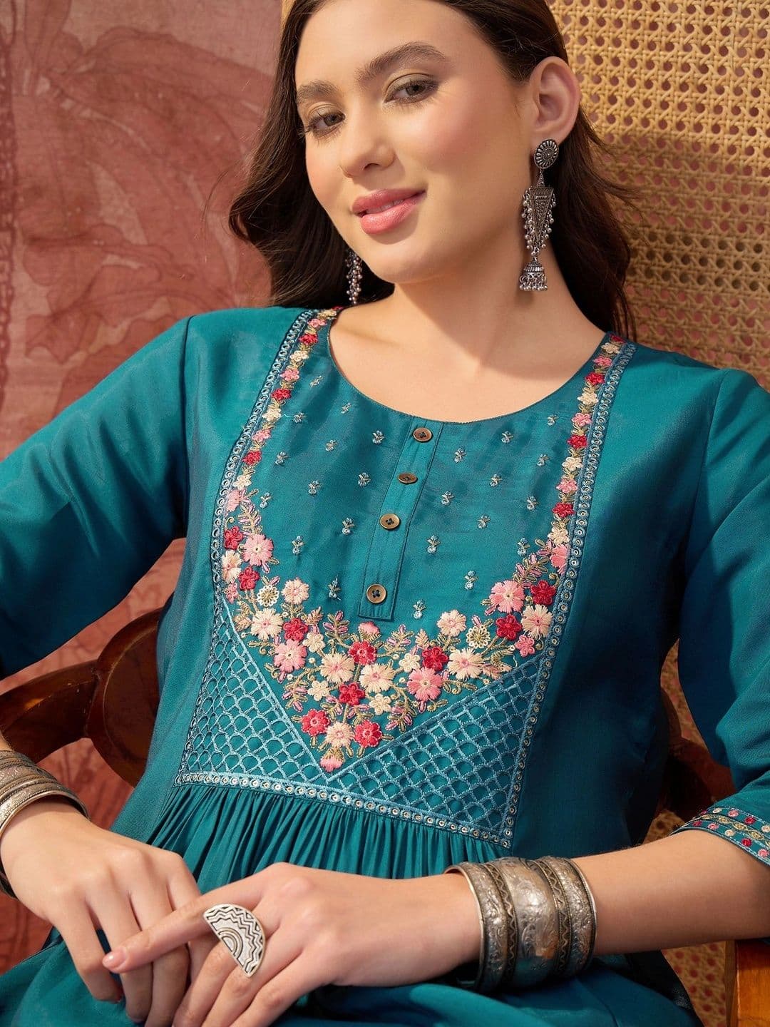 Sangria Ethnic Motifs Embroidered Thread Work Thread Work Empire Kurti thumbnail 2