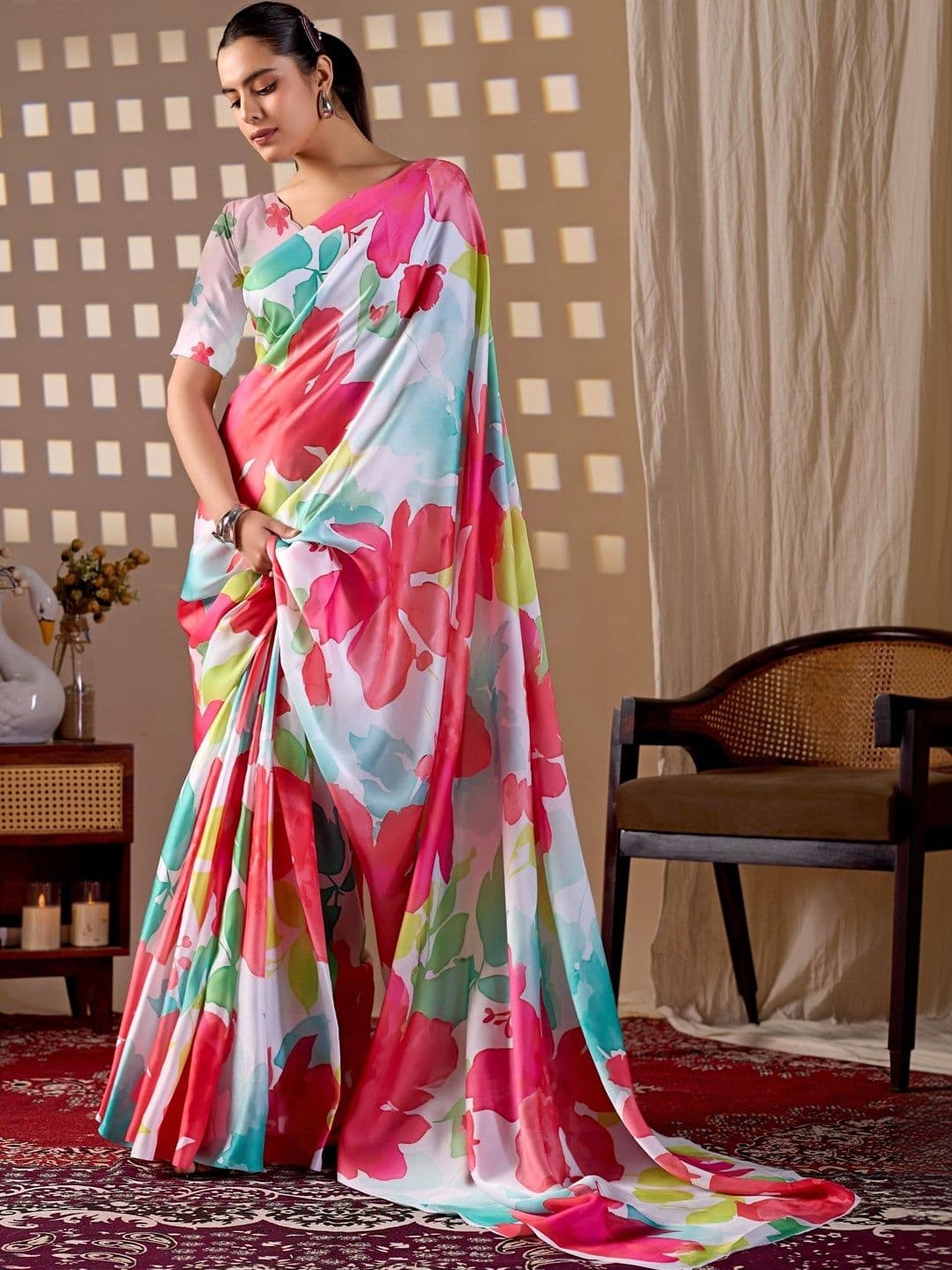 LeeliPeeri Designer Floral Satin Designer Saree thumbnail 7