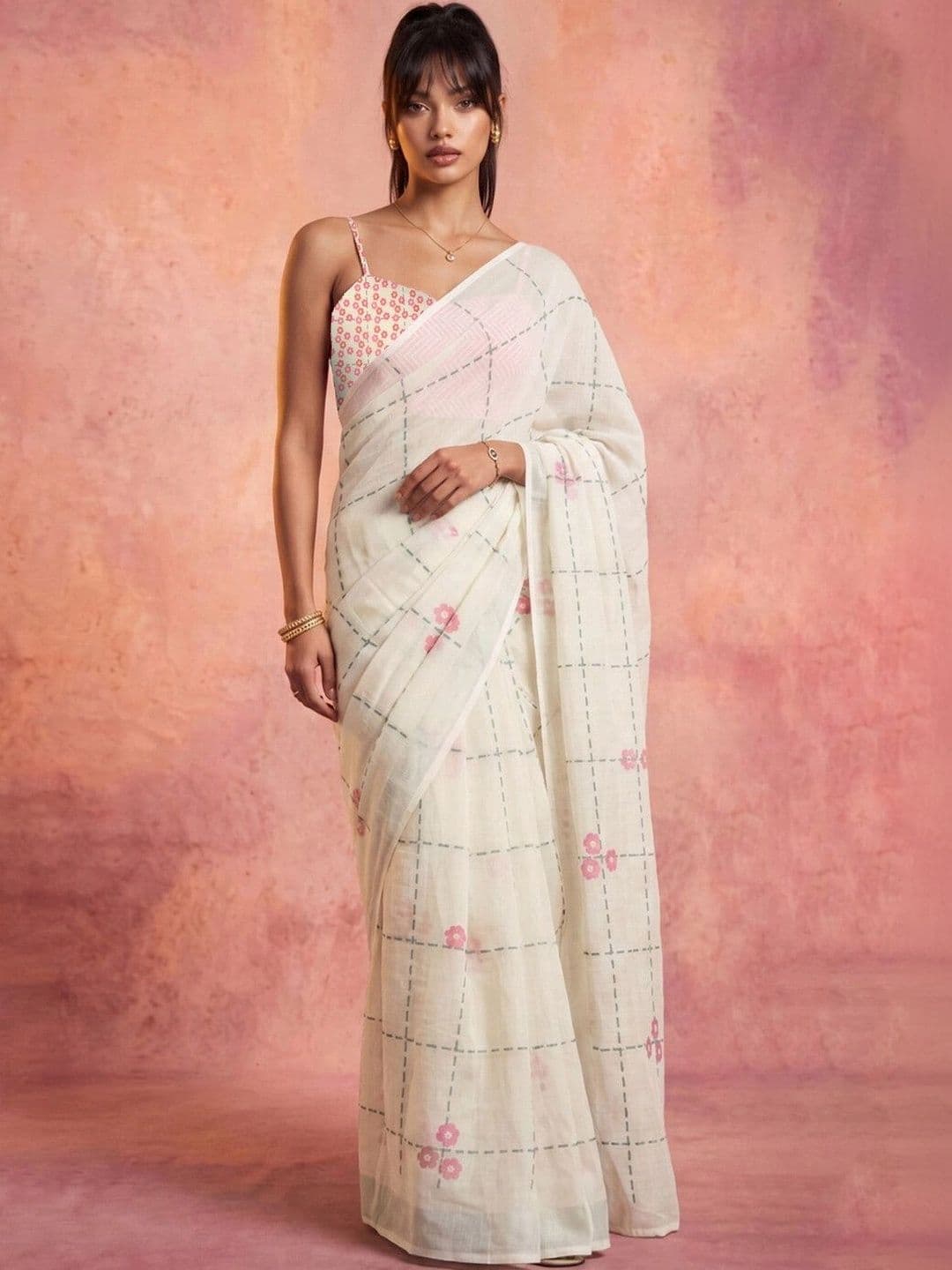 KINDA DESI Floral Embroidered Pure Linen Fusion Saree - view 1