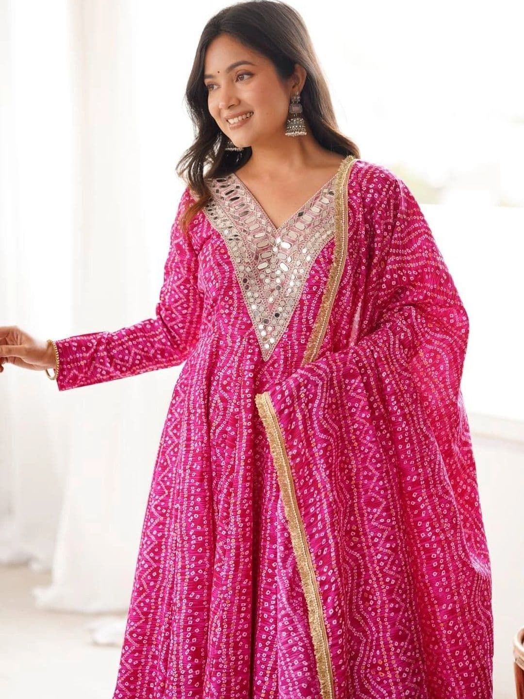 WEWER Women Leheriya Printed Empire Mirror Work Kurta with Trousers & With Dupatta thumbnail 4