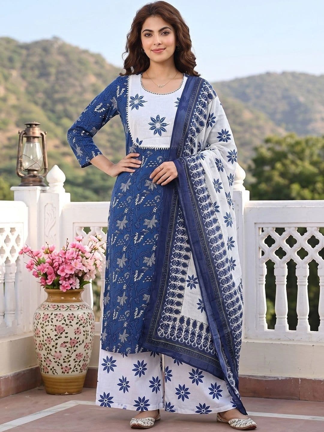 KALINI Women Floral Printed Regular Pure Cotton Kurta with Palazzos & With Dupatta thumbnail 4