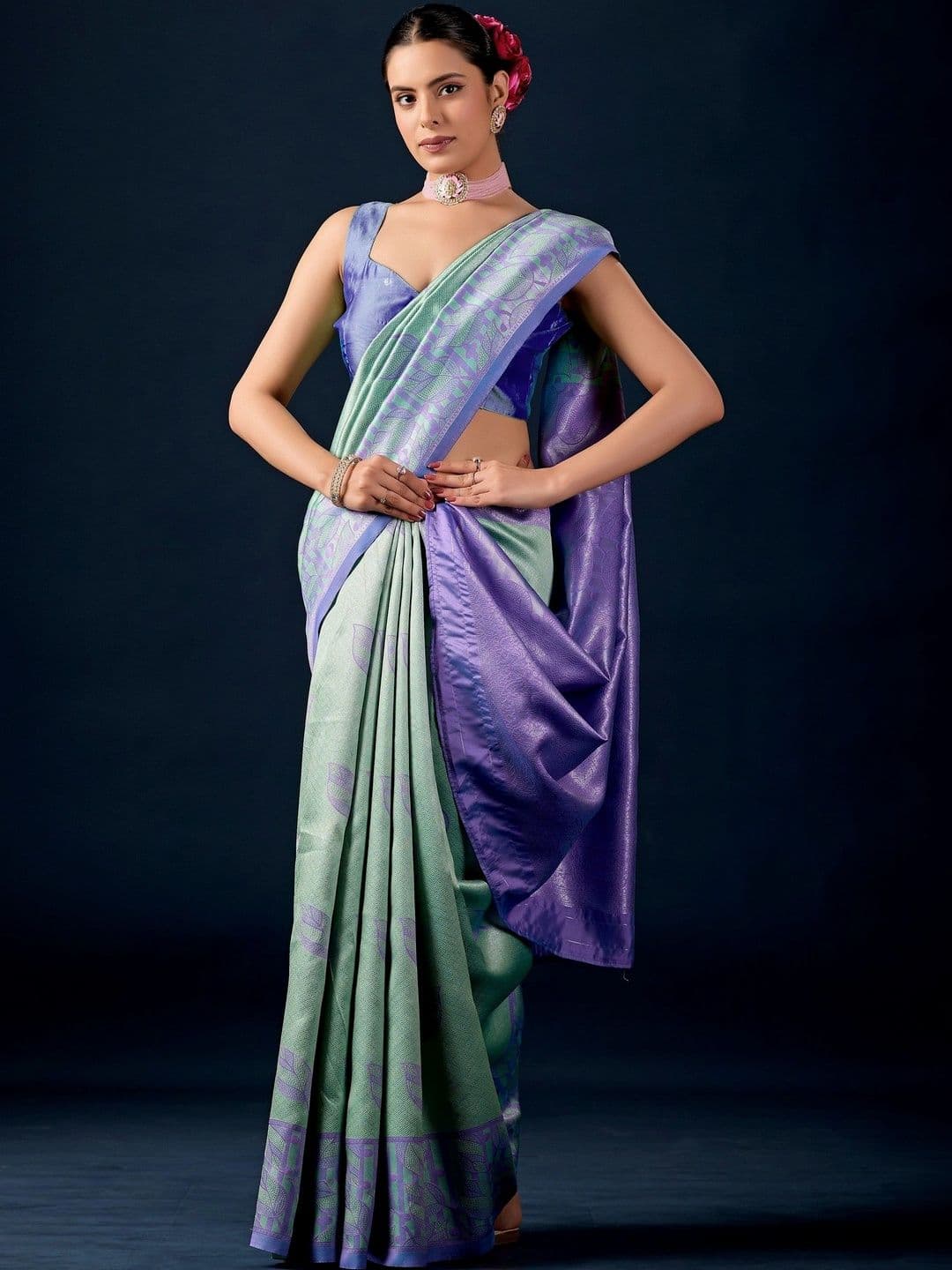 ERIKA Woven Design Zari Silk Blend Designer Banarasi Saree thumbnail 4