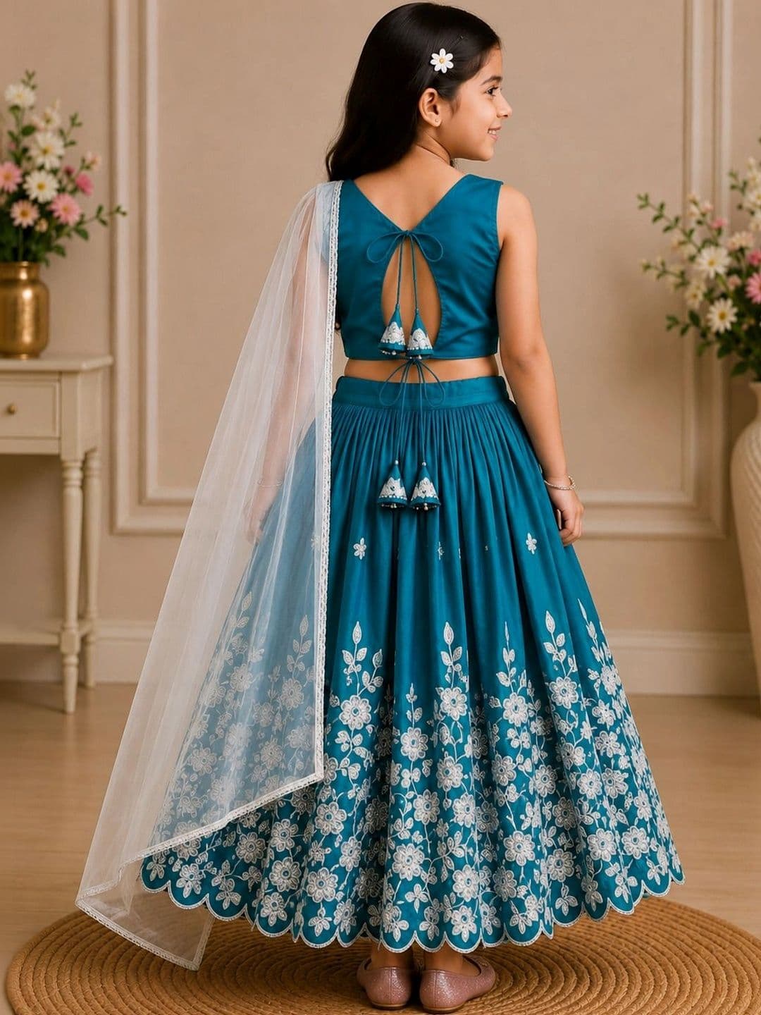 KALINI Girls Embroidered Thread Work Ready to Wear Lehenga & Blouse With Dupatta thumbnail 2