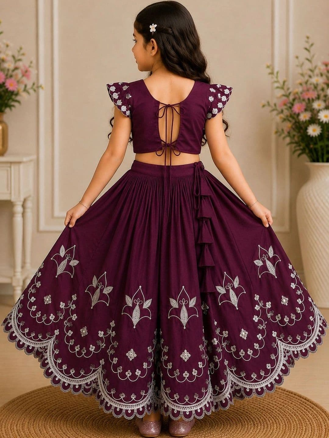 KALINI Girls Embroidered Thread Work Ready to Wear Lehenga & thumbnail 3