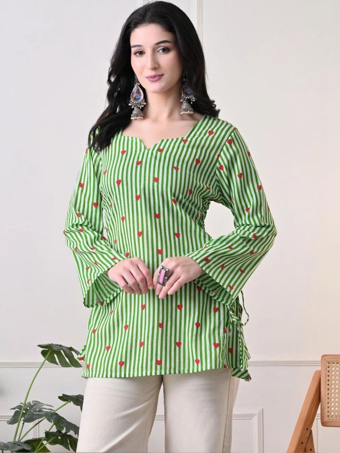 Anouk Rustic Striped Notch Neck Flared Sleeves Kurti - view 1