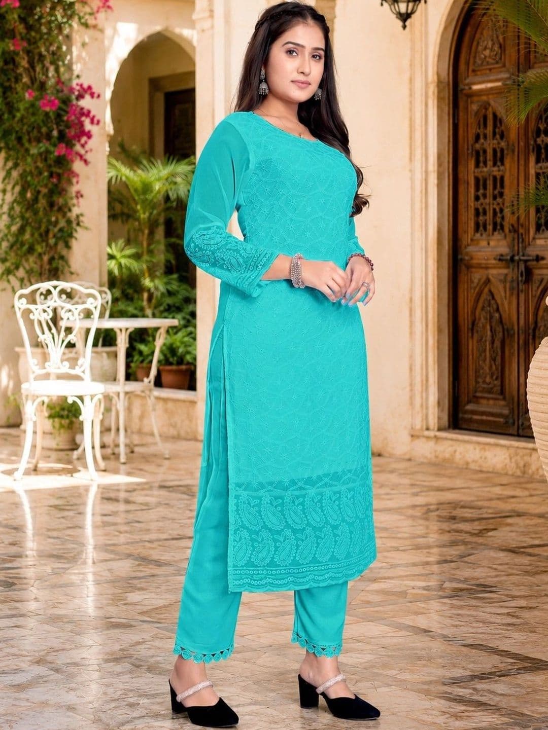 C H CREATION Ethnic Motifs Embroidered Chikankari Pure Georgette Chikankari Kurti thumbnail 2