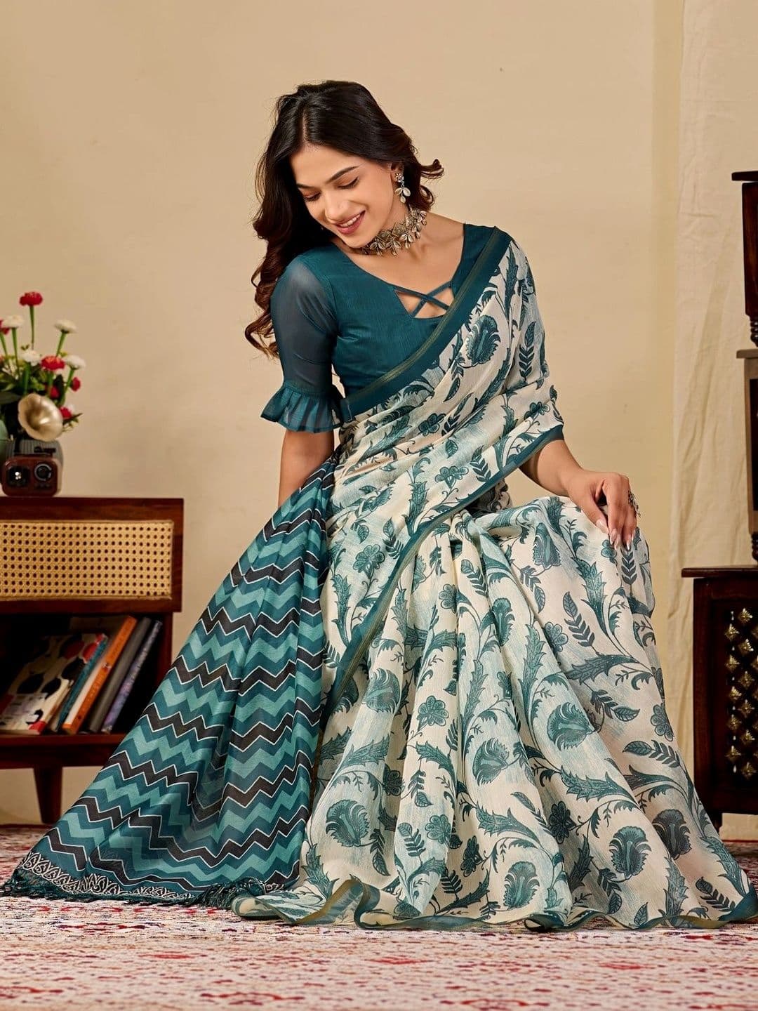 Sangria Floral Leheriya Saree thumbnail 2