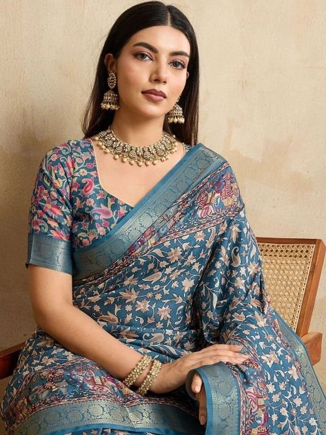 Moda Rapido Kalamkari Zari Silk Blend Designer Saree thumbnail 4