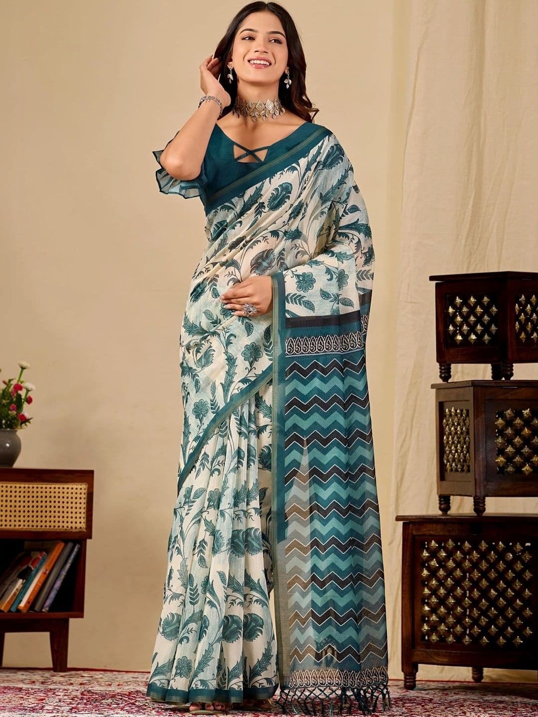 Sangria Floral Leheriya Saree - view 1