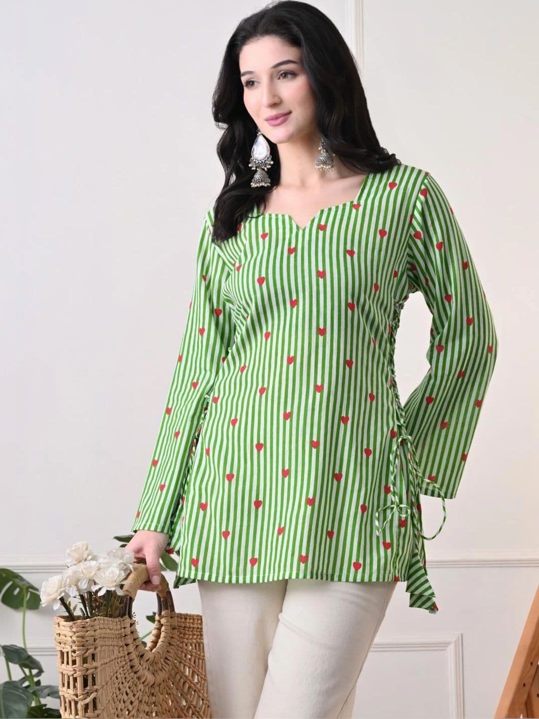 Anouk Rustic Striped Notch Neck Flared Sleeves Kurti thumbnail 2