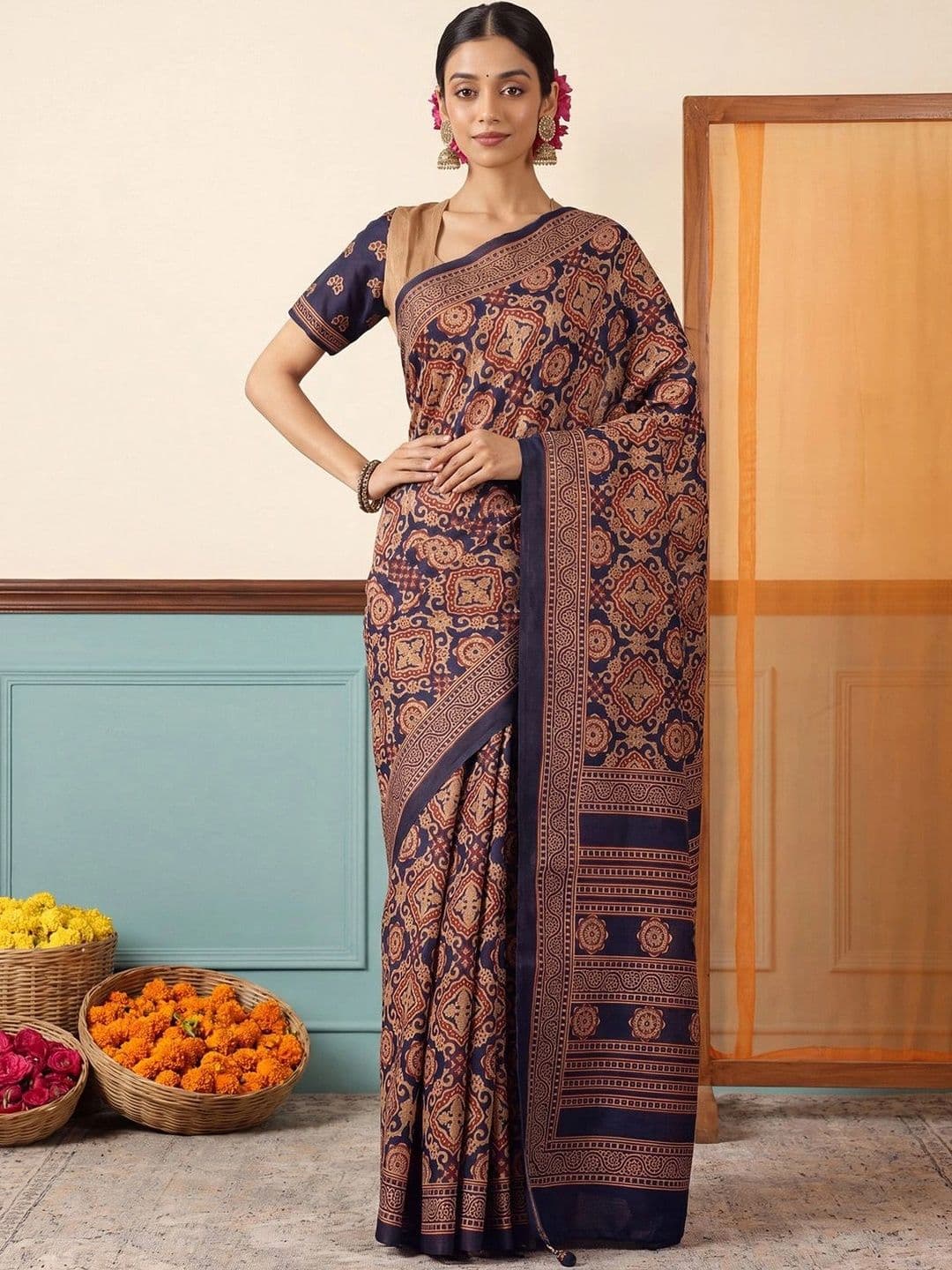Anouk Ajrak Block Silk Blend Designer Block Print Saree thumbnail 5